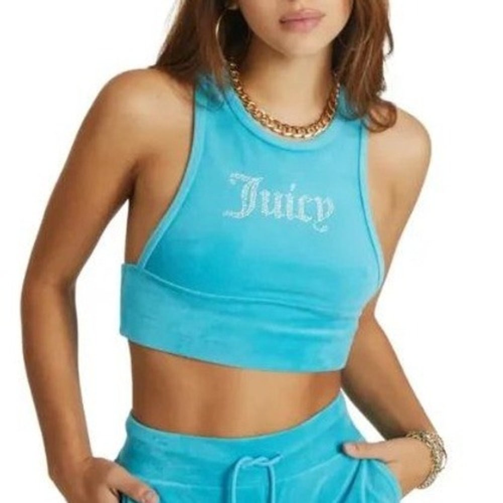 Juicy Couture Size M Turquoise Velour Rhinestone Juicy Crop Tank Y2K